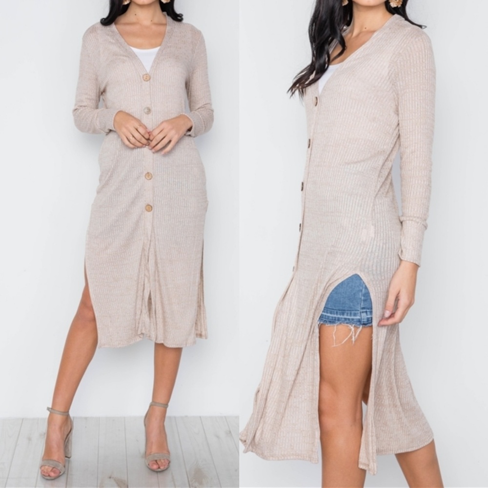 Carolina Long Slit Taupe Cardigan